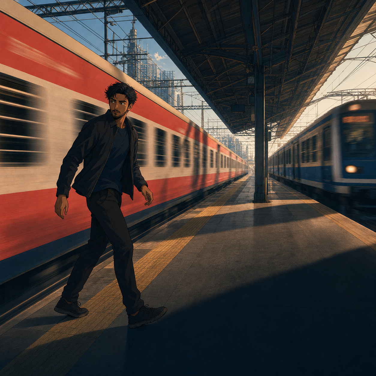 Kai Kapur walking beside a red local train