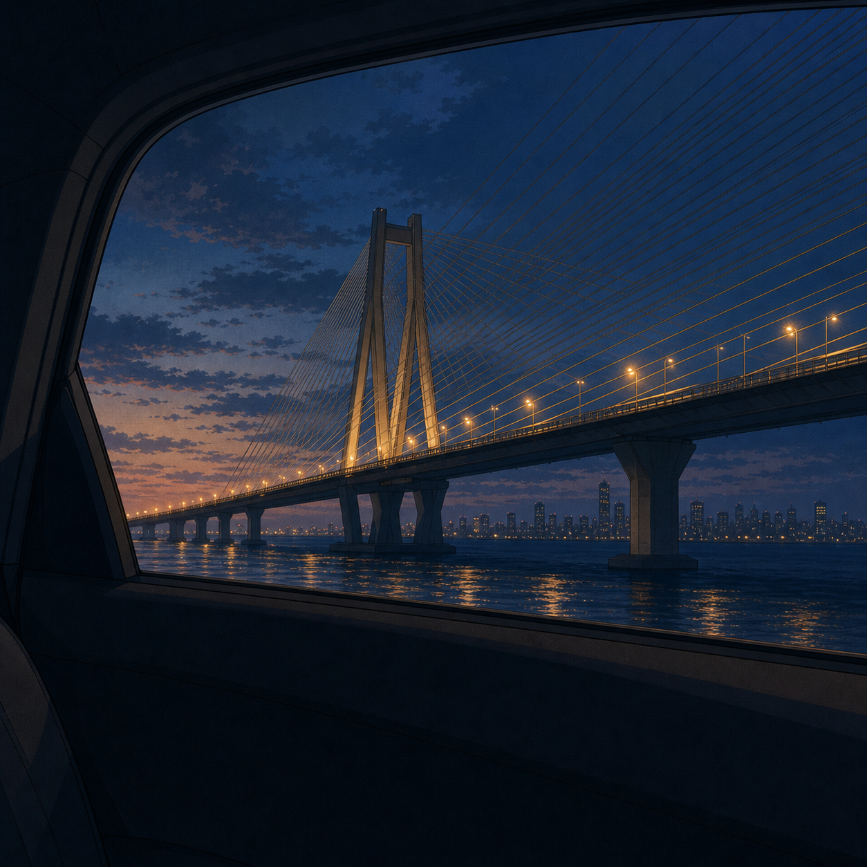 Mumbai Sea Link seen through a passenger-side window at blue hour